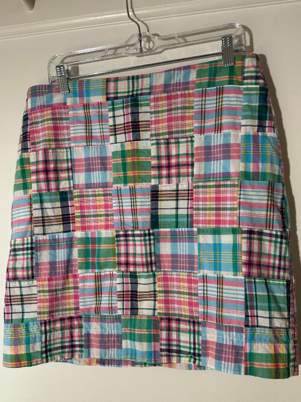 Talbots Patchwork Madras Plaid Skirt Pink Blue Green Cotton Preppy Size 12